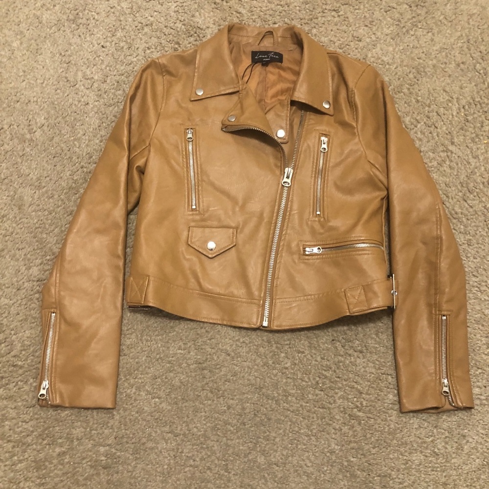 Love Tree Tan Faux Leather Moto Jacket Size M